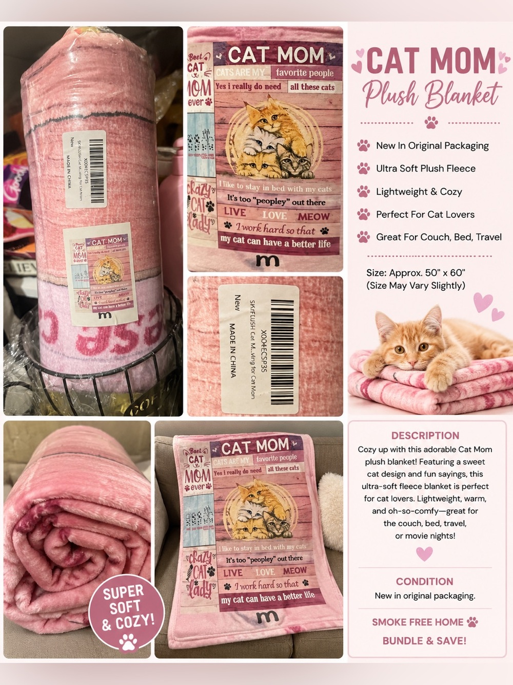 Cat Mom Plush Throw Blanket | Super Soft Pink Fleece | New in Package